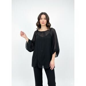 NWT Max Azria Black Sheer Blouse Tunic Relaxed Fit Boho Top Puff Sleeve XS